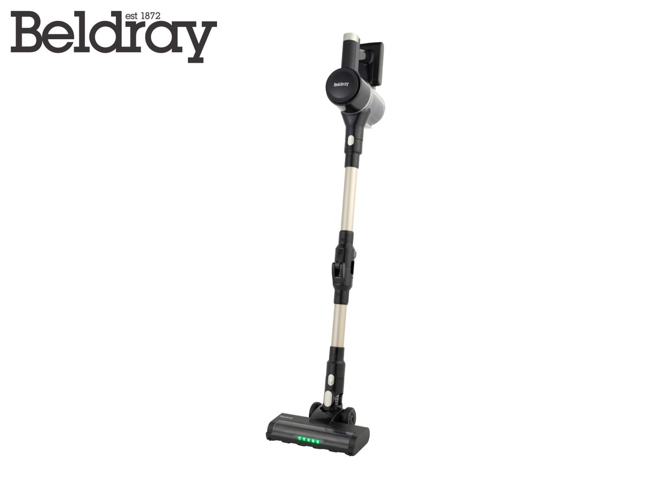 A black and gold cordless stick vacuum cleaner with a lighted brush head.