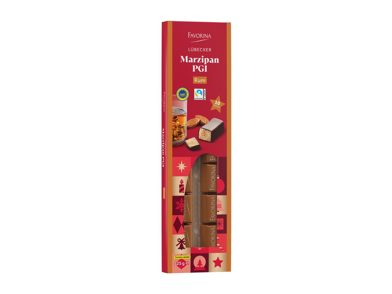 A box of rum-flavored marzipan chocolates with festive holiday designs, 125g.