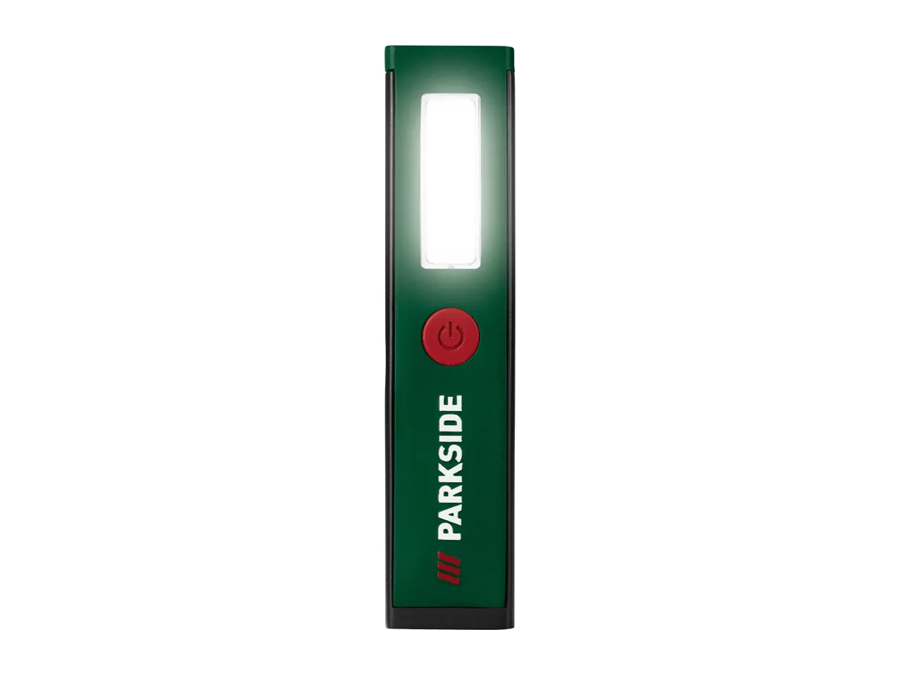 PARKSIDE LED work light with a red power button, illuminated on a white background.