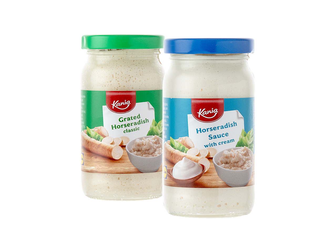 Dvije staklenke Kania hrena, jedna klasična i jedna s vrhnjem, na crnoj pozadini.