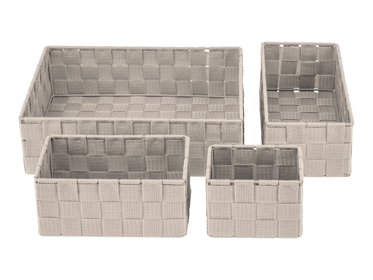 Set of four gray woven storage baskets in varying sizes.