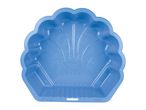 Blue plastic shell-shaped sand mold with a sun and crab design inside