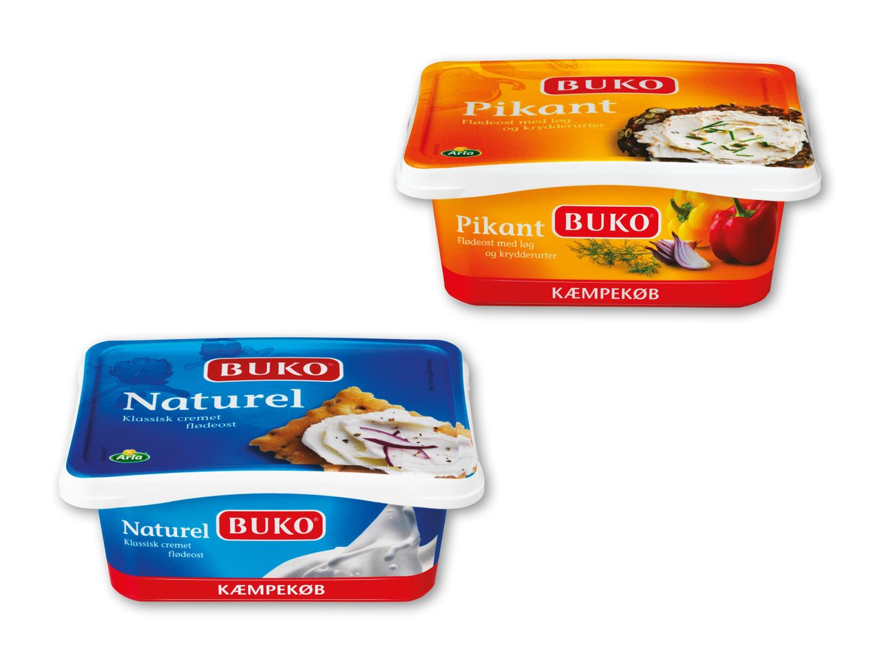 To pakker flødeost: en pikant variant med løg og krydderurter og en naturel klassisk cremet variant.