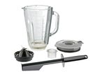 Blender replacement parts including a glass jug, blade assembly, lid, measuring cup, and tamper
