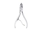 Silver cuticle nippers with a spring mechanism on a white background