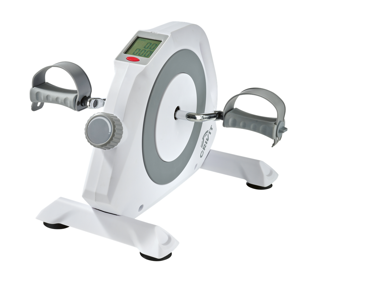 Mini bicicleta ergométrica Crivit branca e cinzenta com ecrã digital e pedais