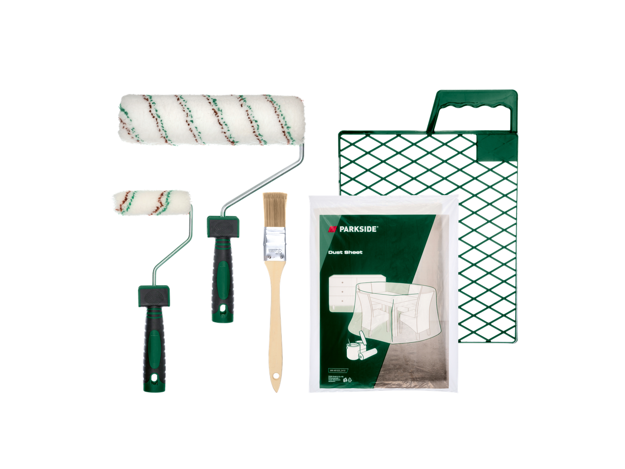 Kit de pintura Parkside com rolos, pincel, bandeja e lona antipó.