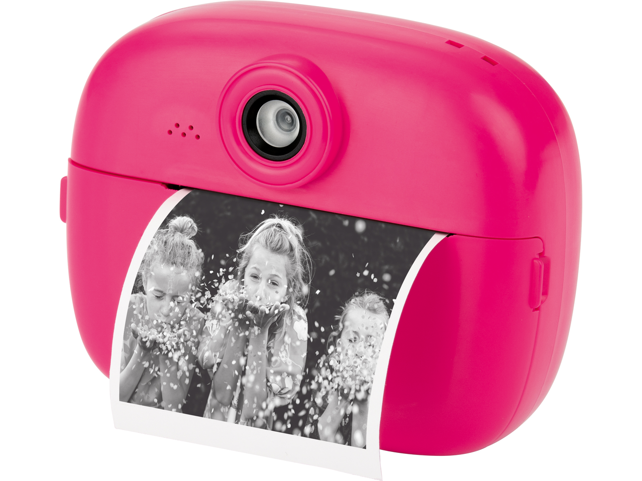 Pink instant camera with a black and white photo of three children blowing confetti.
