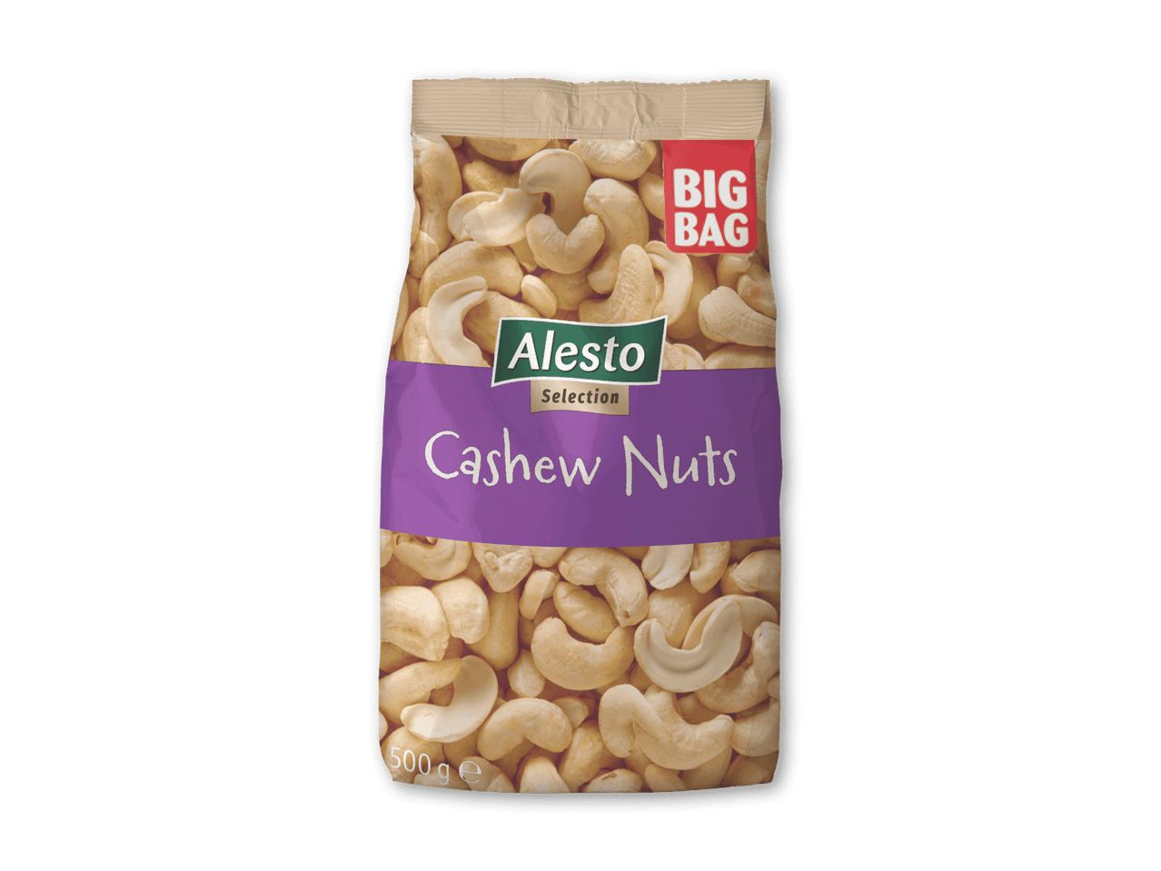 En stor pose cashewnødder med lilla etiket og teksten 'BIG BAG'.