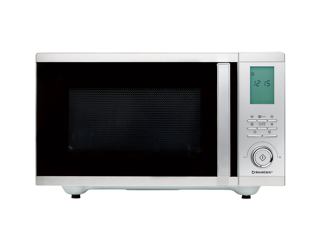 Φούρνος μικροκυμάτων Silvercrest με ψηφιακή οθόνη και περιστροφικό κουμπί, δείχνει 12:15.