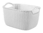 Panier de rangement rectangulaire blanc avec motif tressé et poignées.
