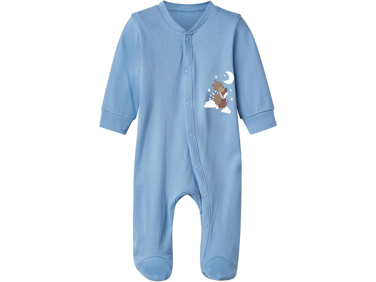 Blue baby sleepsuit with a bear and fox graphic