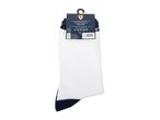 White and navy socks with product information and care instructions on the packaging.