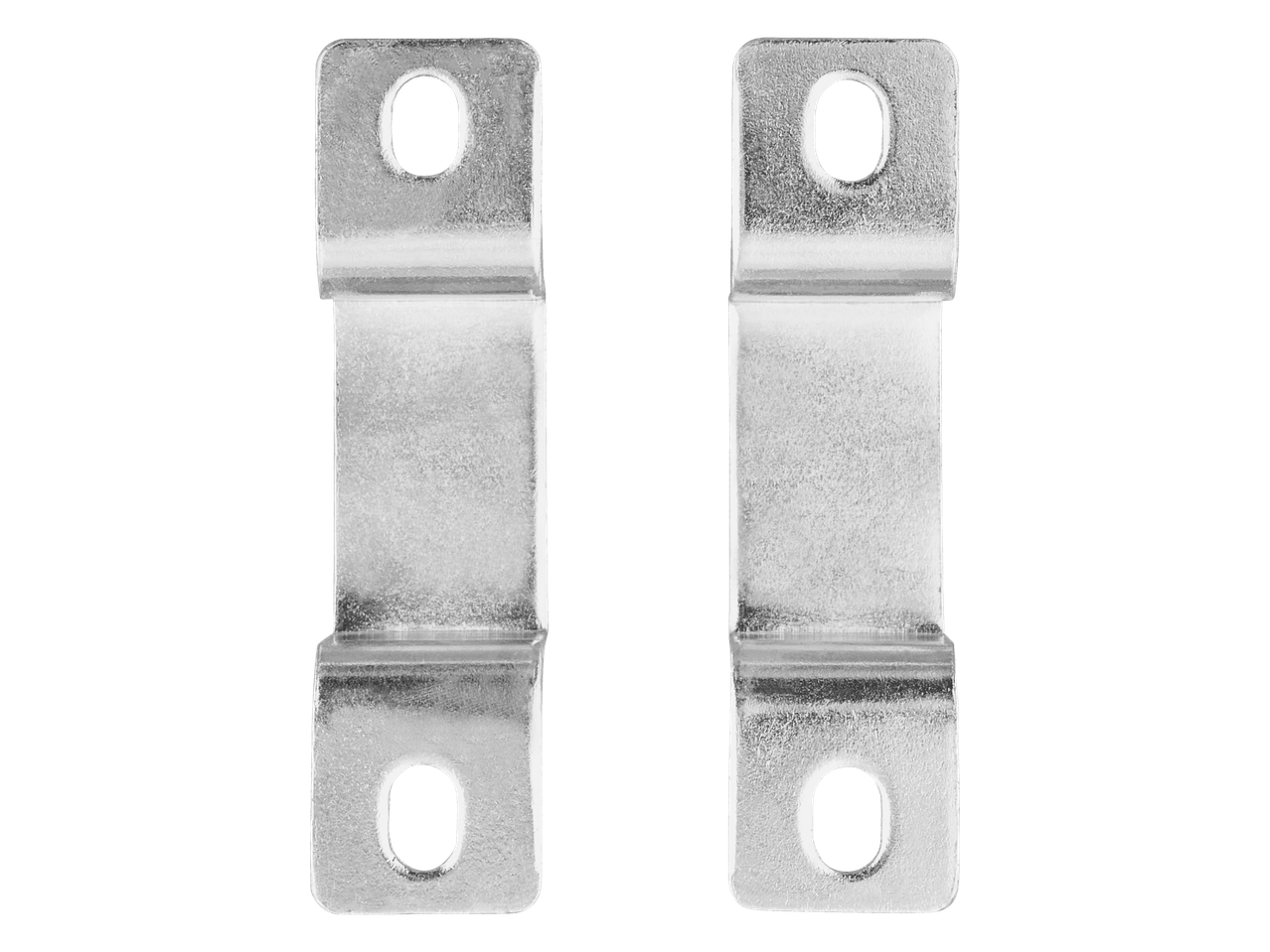 Two metal brackets with holes.
