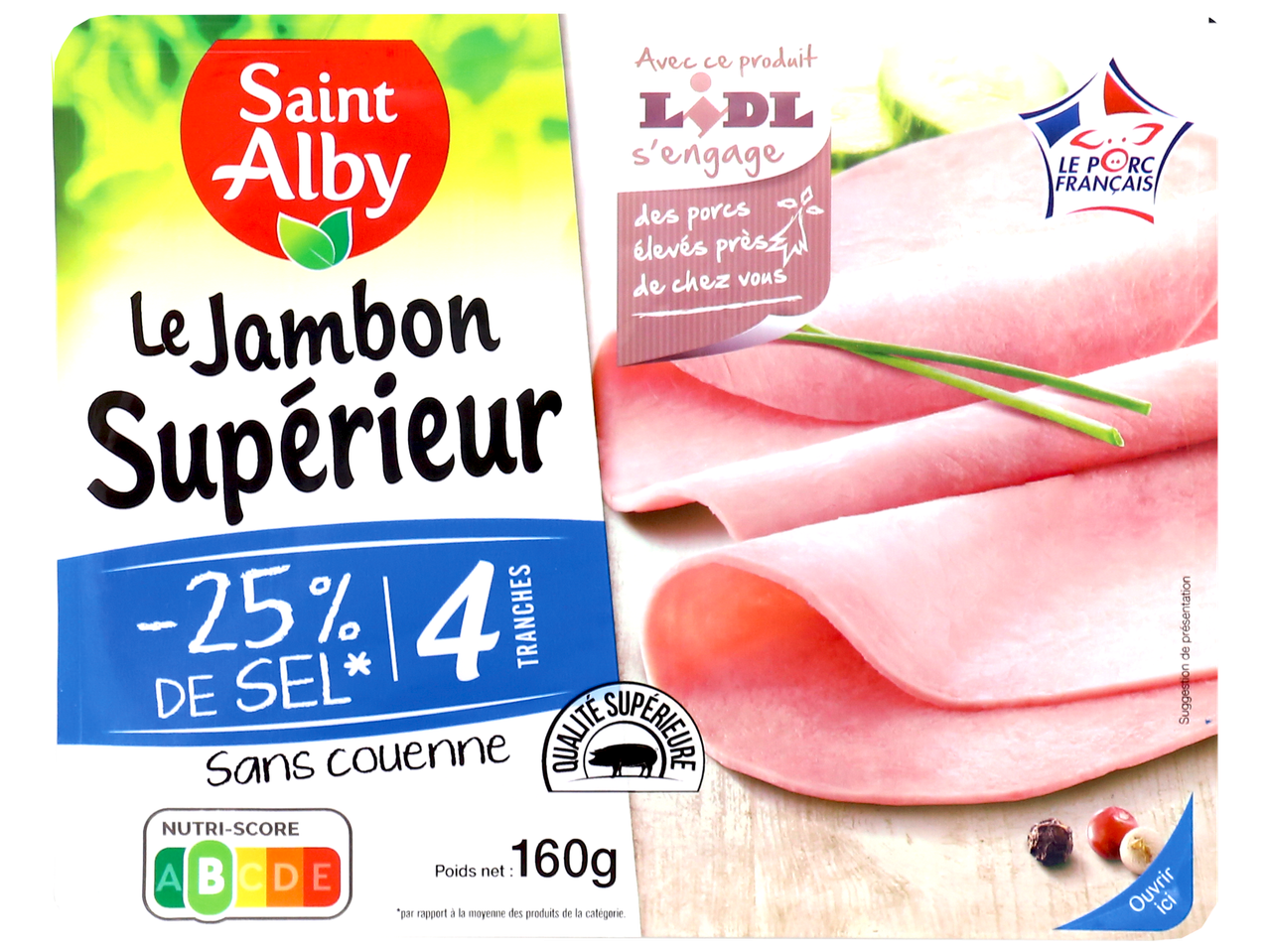 Jambon supérieur avec 25% de sel en moins, 4 tranches, 160g, Nutri-Score A.