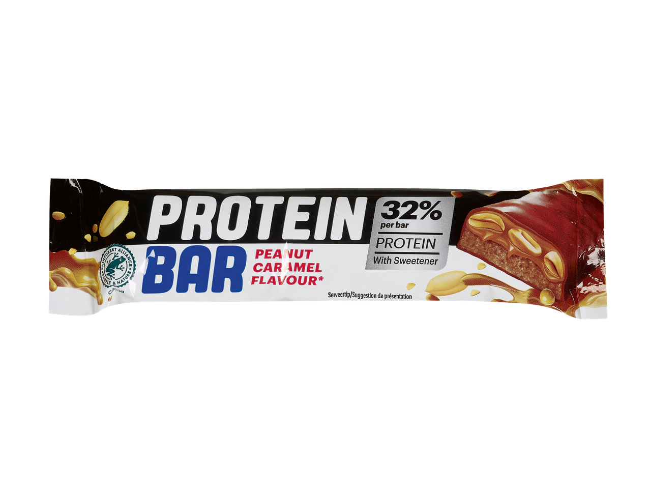 Barre protéinée saveur cacahuète caramel, 32% de protéines, avec édulcorant.