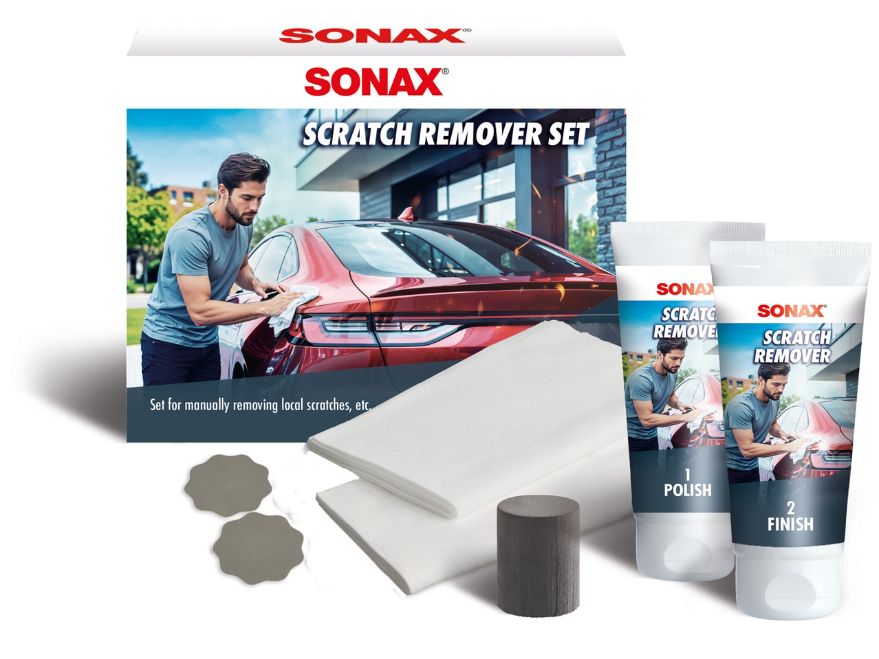 SONAX Scratch Remover Set with two tubes (Polish, Finish), cloths, and applicators.