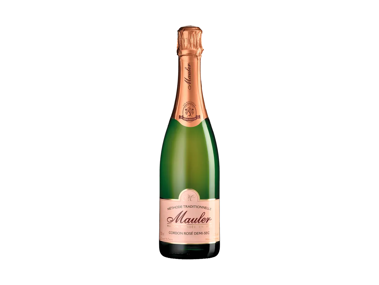 Flasche Rosé-Schaumwein halbtrocken mit rosa Etikett und goldenen Details.