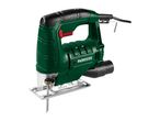 Green and black jigsaw with a metal base and a saw blade, shown from a slightly elevated angle.