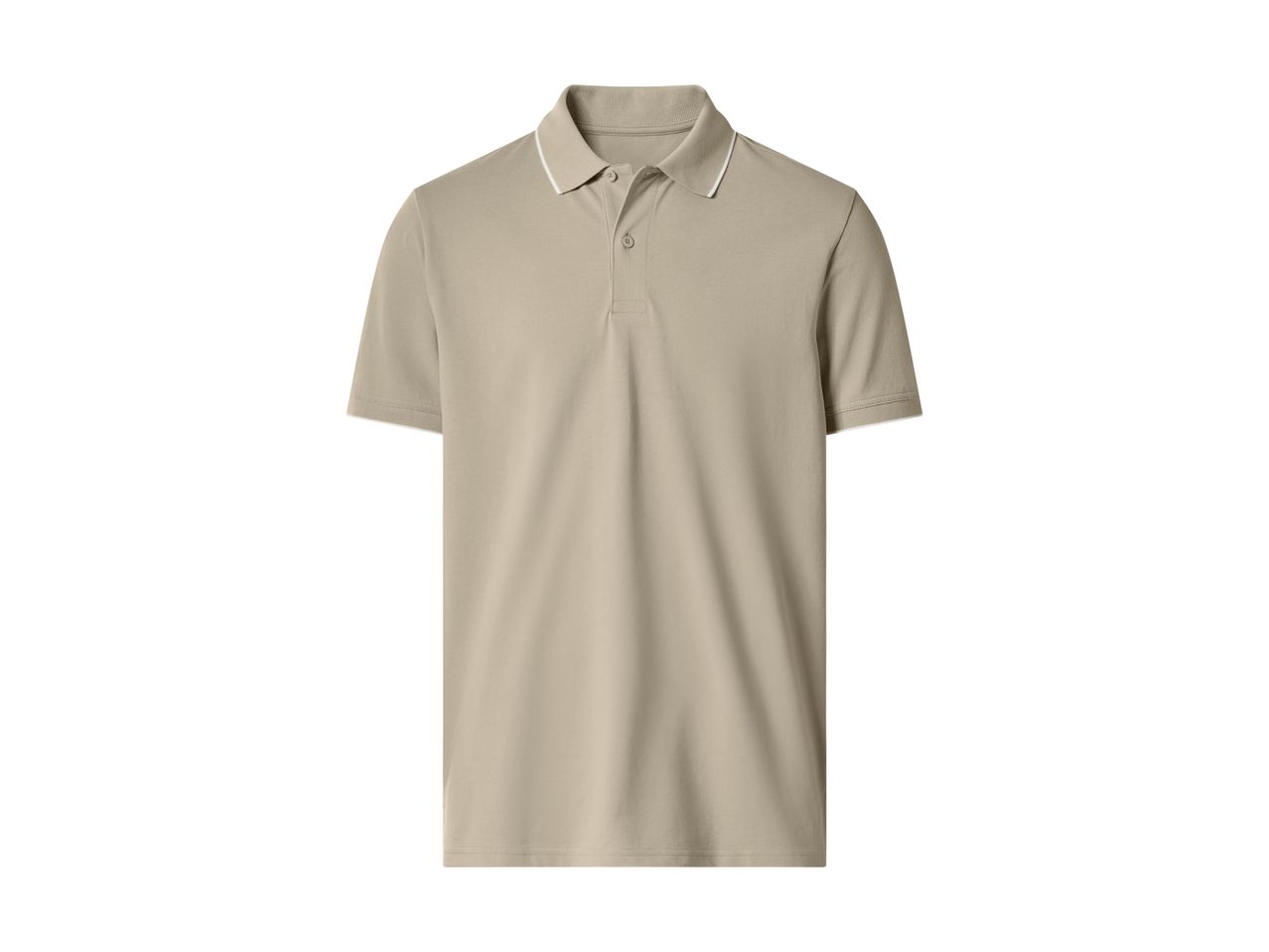 Beige men's polo shirt with short sleeves and a white stripe on the collar.