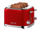Red retro 4-slice toaster with 1973 lettering and bread slices inside.