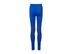Blue athletic leggings with darker blue textured panels and a small logo on the waistband.