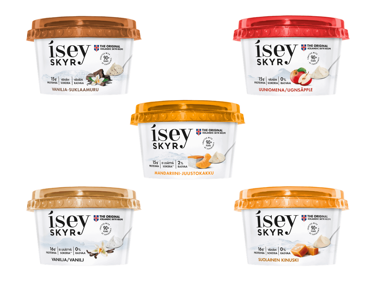 Viisi erimakuista skyr-rahkapurkkia aseteltuna valkoiselle taustalle.