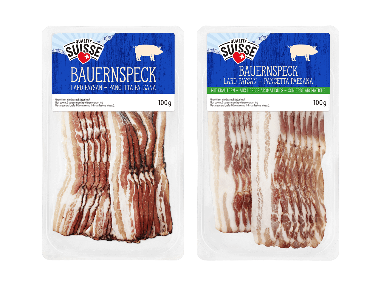 Zwei Packungen geschnittener Bauernspeck, eine natur und eine mit Kräutern, mit „Qualité Suisse“-Etiketten.