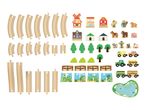 Wooden toy train tracks, farm buildings, animals, vehicles, trees, fences, and a pond.