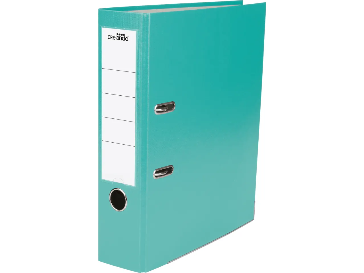 Turquoise CRELANDO ordner met etiket en vingergat.