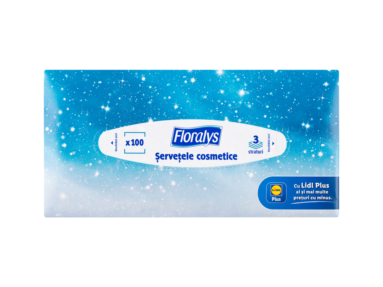 100 şerveţele cosmetice Floralys, 3 straturi, ofertă Lidl Plus.