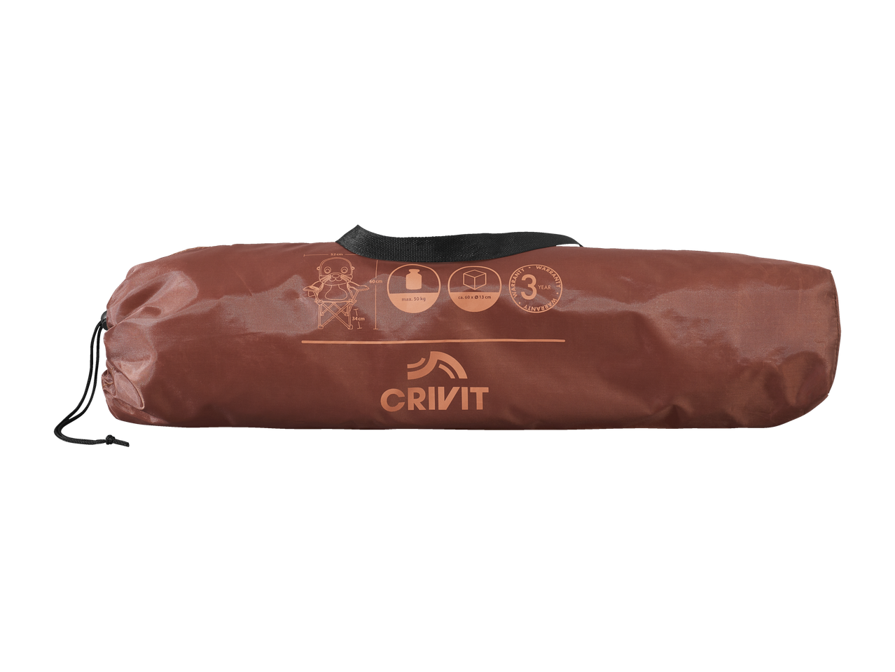 Rjavi zložljivi stol Crivit v svoji transportni torbi.