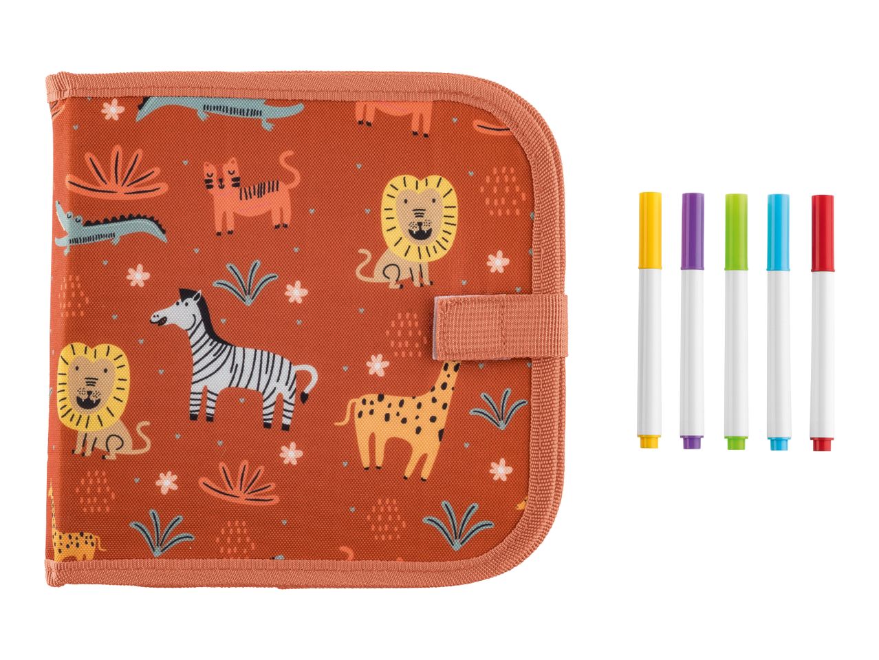 Children's drawing book with safari animals and five colorful markers.