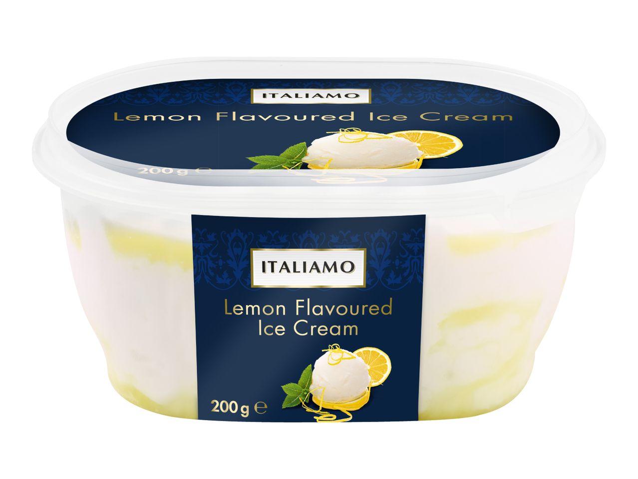 Lemon flavoured ice cream in a white tub with a dark blue label.