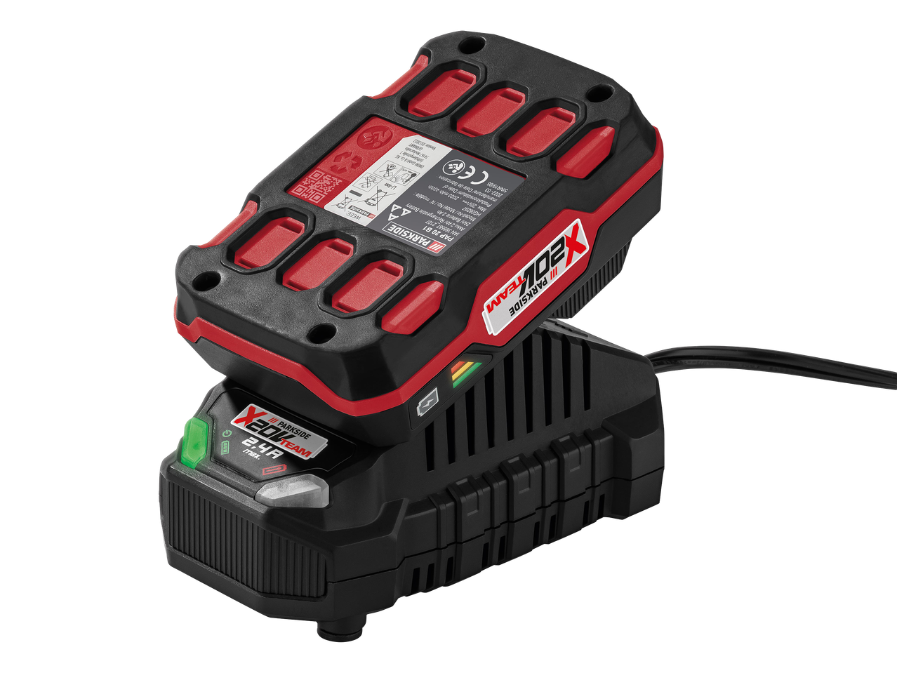 Fekete-piros akkumulátor töltőn, rajta a töltöttségi szintet jelző LED-ekkel.