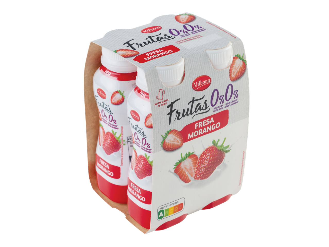Embalagem de iogurte líquido Milbona Frutas 0% Morango com quatro garrafas.