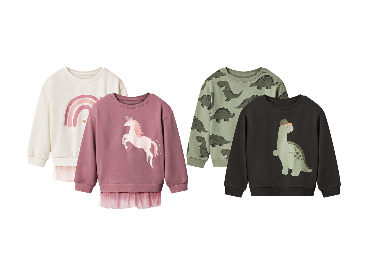 Dječje majice dugih rukava s motivima duge, jednoroga i dinosaura.