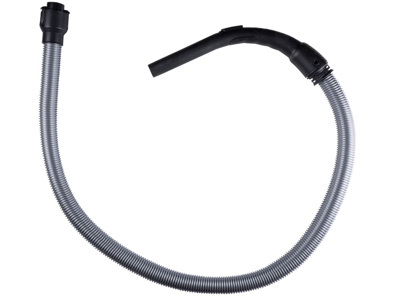 A gray vacuum cleaner hose with black connectors.