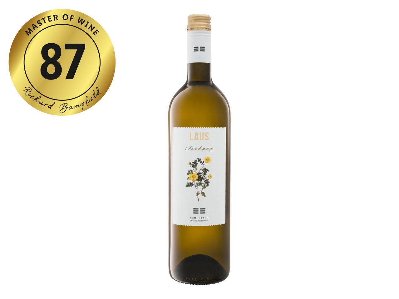 A bottle of Laus Chardonnay wine with a gold Master of Wine 87-point rating by Richard Bampfield.