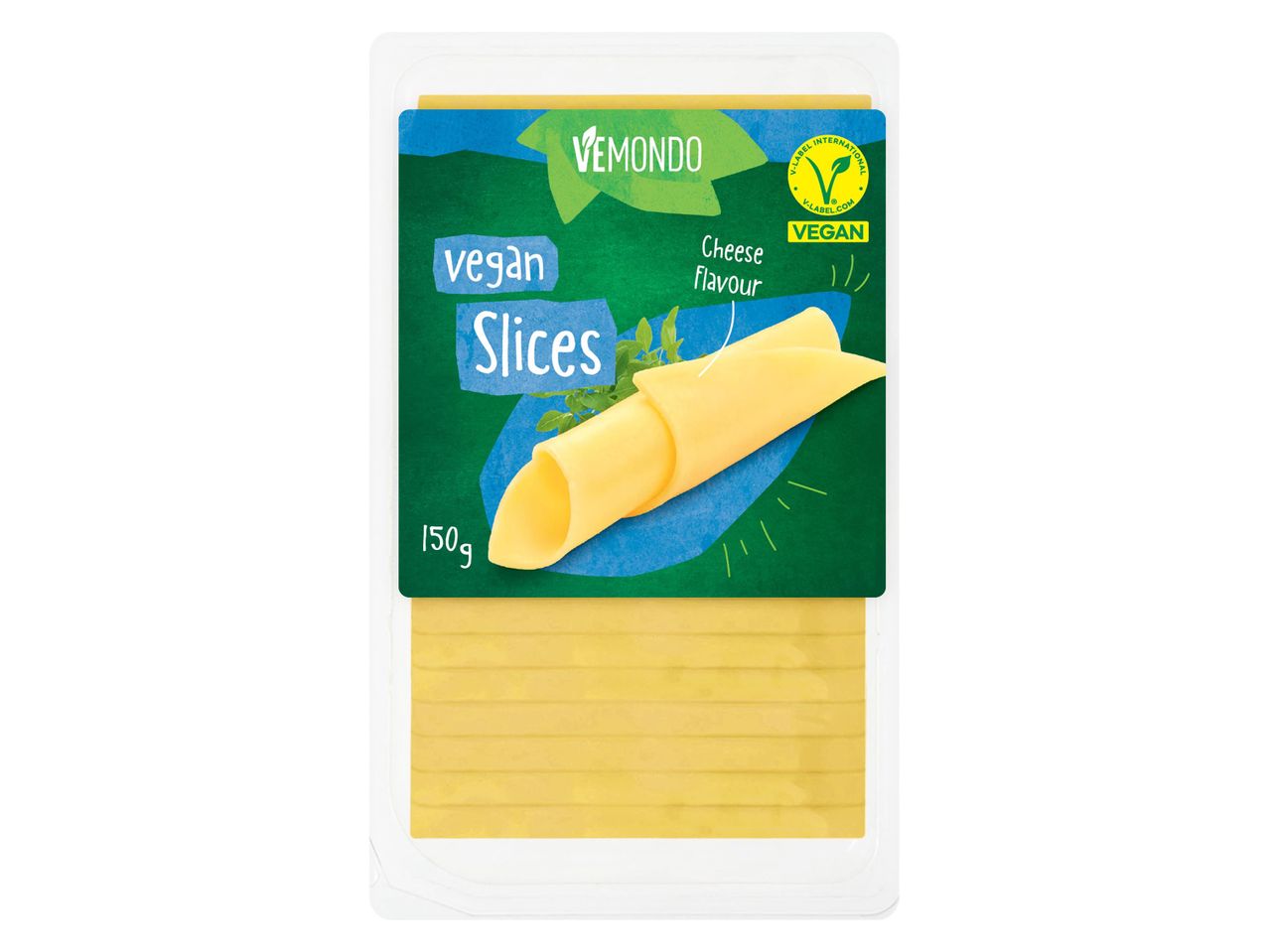 Vemondo vegán sajt szeletek 150g-os csomagolásban.
