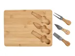 Bamboo cheese board with built-in knife slots and three cheese knives.
