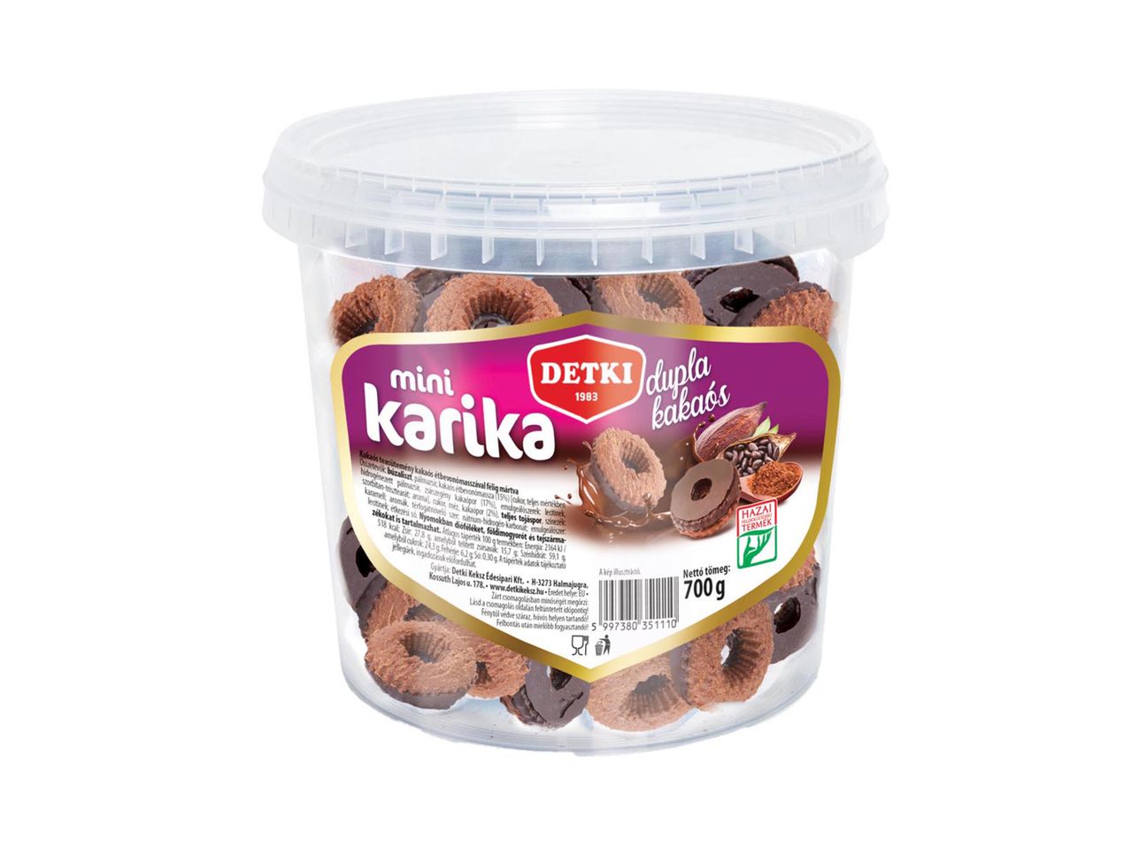 Detki Mini Karika dupla kakaós kekszek 700g-os dobozban.