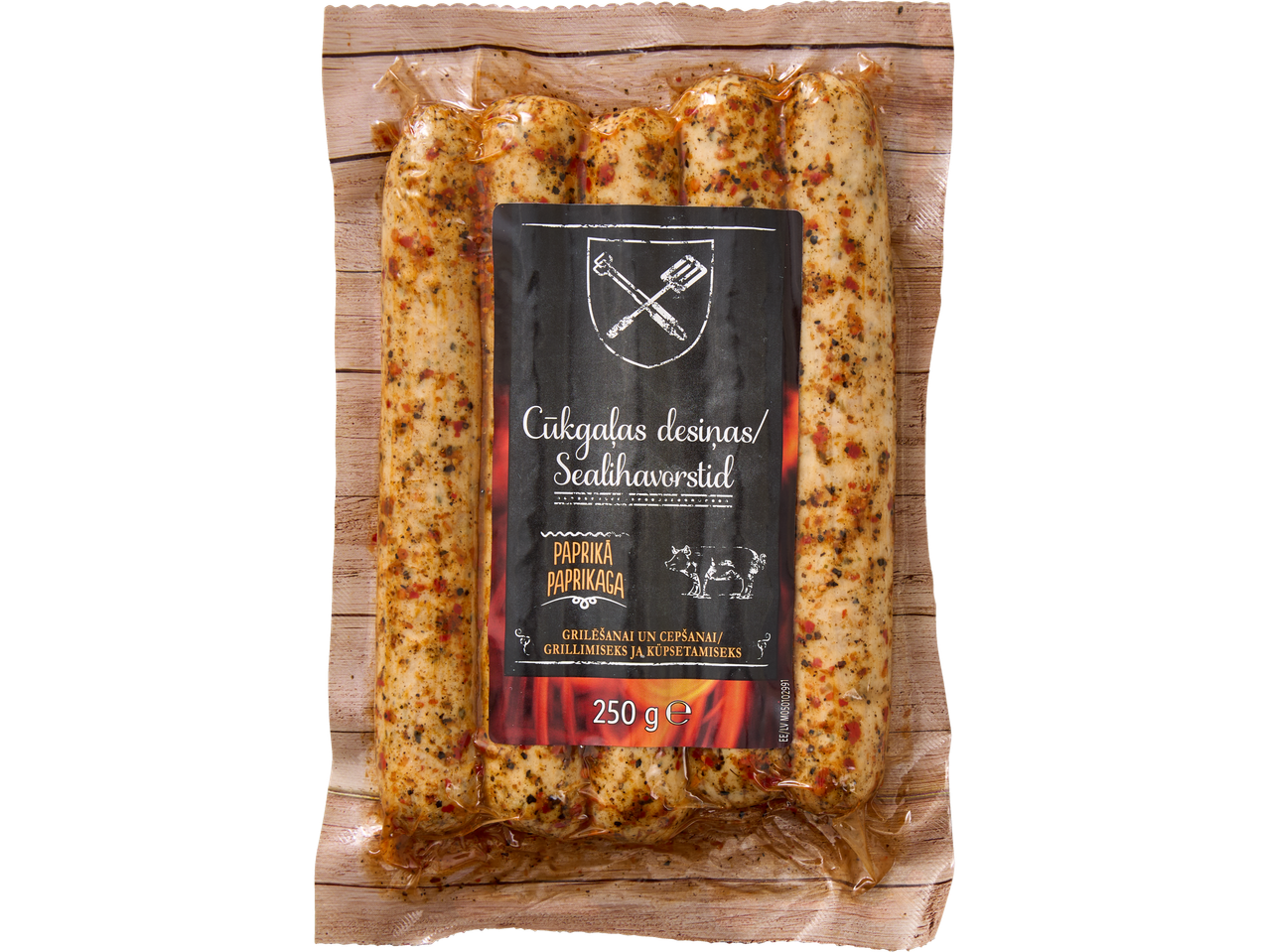 GRILL Grildesiņas cūkgaļas desiņas ar papriku, 250g iepakojumā.