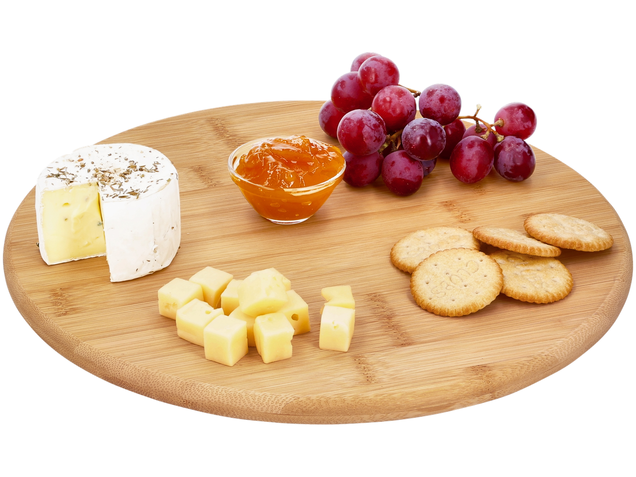 Juustu-, küpsise- ja viinamarjavaagen puidust alusel.