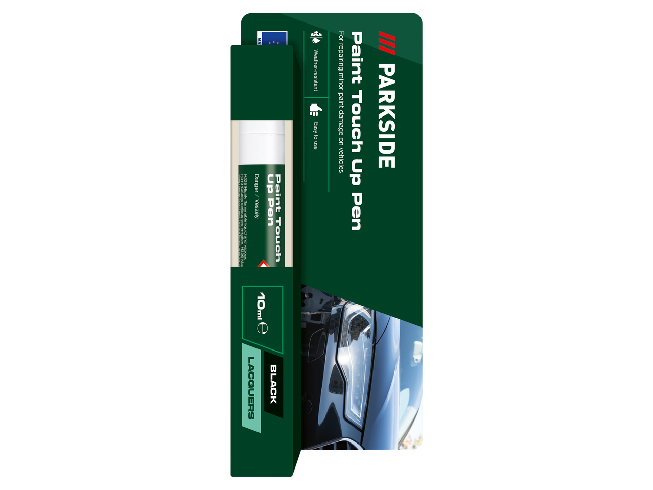 Fekete színű festékjavító toll járművekhez, 10 ml-es kiszerelésben, időjárásálló és könnyen használható.