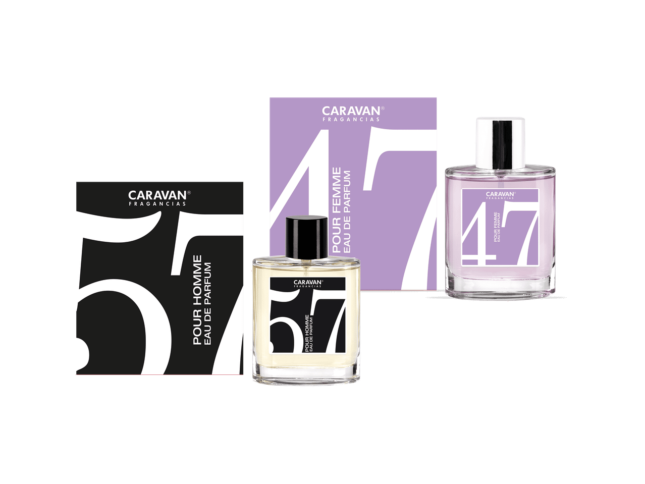 Dois frascos de perfume e caixas correspondentes, um para homem e outro para mulher.