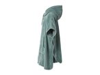 Side view of a teal hooded poncho towel with a front pocket and drawstrings.