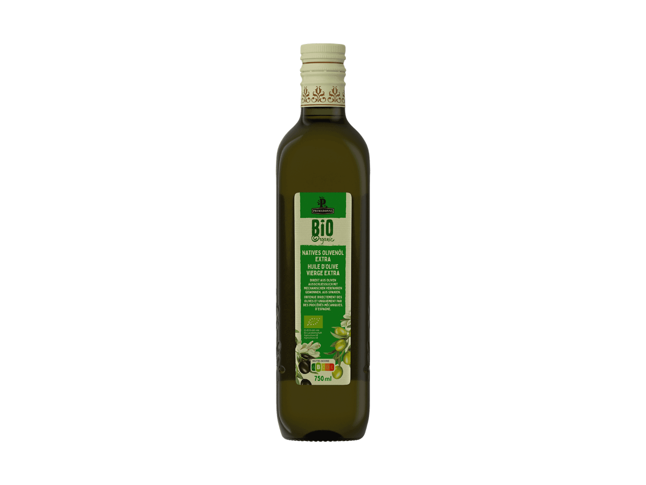 Bottiglia di olio d'oliva vergine extra biologico da 750 ml con etichetta verde e Nutri-Score A.