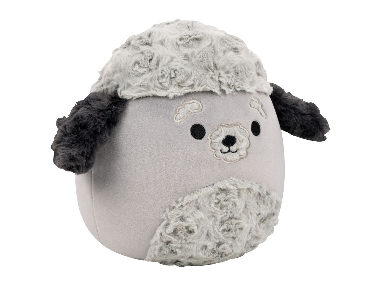 A light grey plush toy with dark grey ears and a fluffy light grey top and belly.