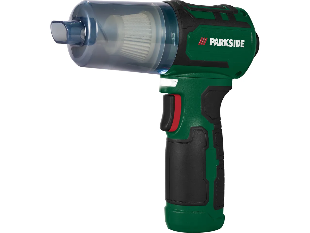 A green and black Cordless Mini Blower And Duster 3-In-1 with a clear dustbin and filter.